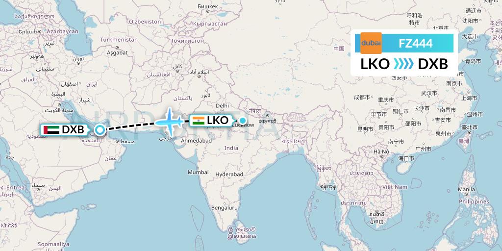 FZ444 FlyDubai Flight Map: Lucknow to Dubai