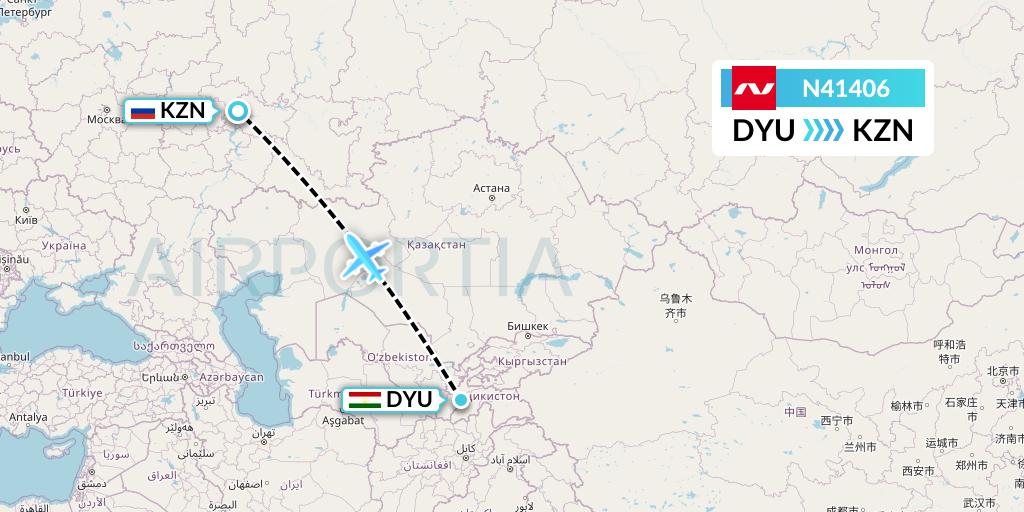 N41406 Nordwind Airlines Flight Map: Dushanbe to Kazan