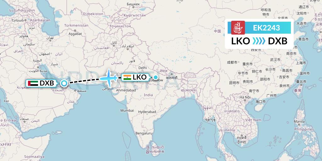EK2243 Emirates Flight Map: Lucknow to Dubai