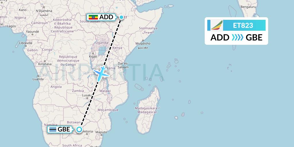 ET823 Ethiopian Airlines Flight Map: Addis Ababa to Gaborone