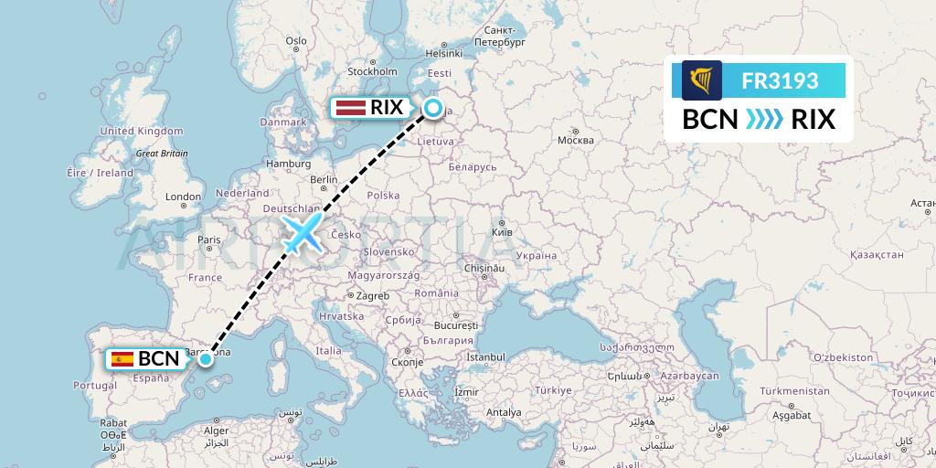 FR3193 Ryanair Flight Map: Barcelona to Riga
