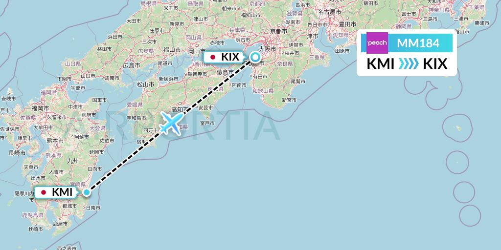 MM184 Peach Aviation Flight Map: Miyazaki to Osaka