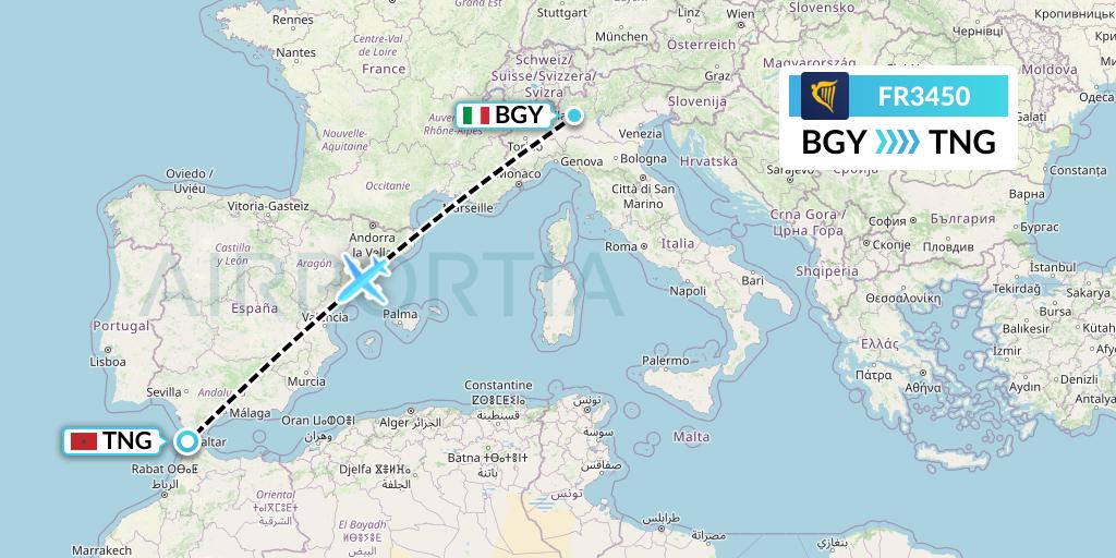 FR3450 Ryanair Flight Map: Milan to Tangier