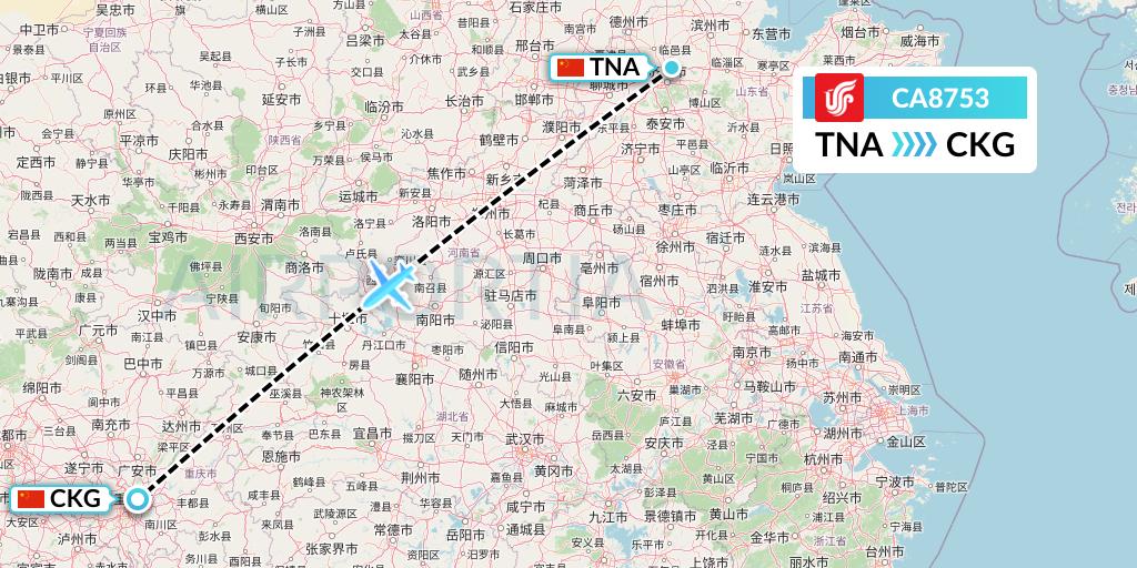 CA8753 Air China Flight Map: Jinan to Chongqing