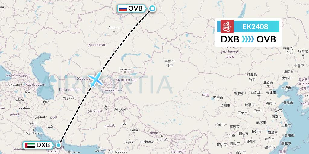 EK2408 Emirates Flight Map: Dubai to Novosibirsk
