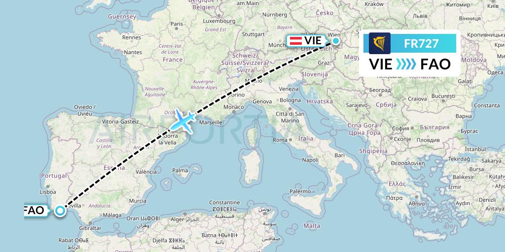 FR727 Ryanair Flight Map: Vienna to Faro