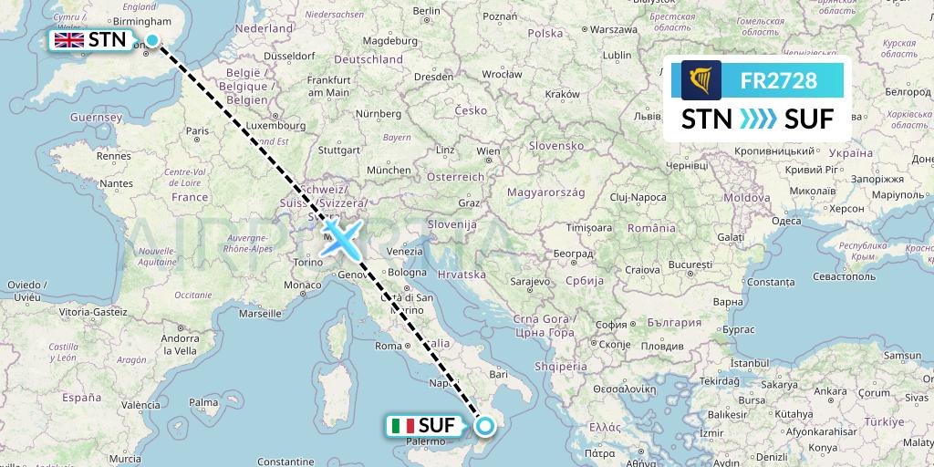FR2728 Ryanair Flight Map: London to Lamezia Terme