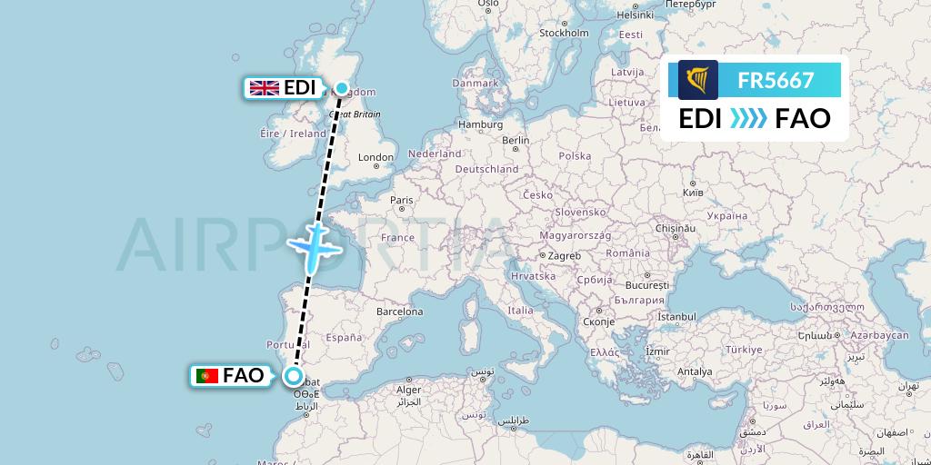 FR5667 Ryanair Flight Map: Edinburgh to Faro