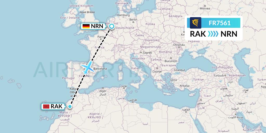 FR7561 Ryanair Flight Map: Marrakesh to Weeze