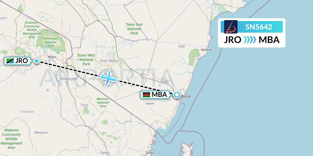 SN5642 Brussels Airlines Flight Map: Kilimanjaro to Mombasa