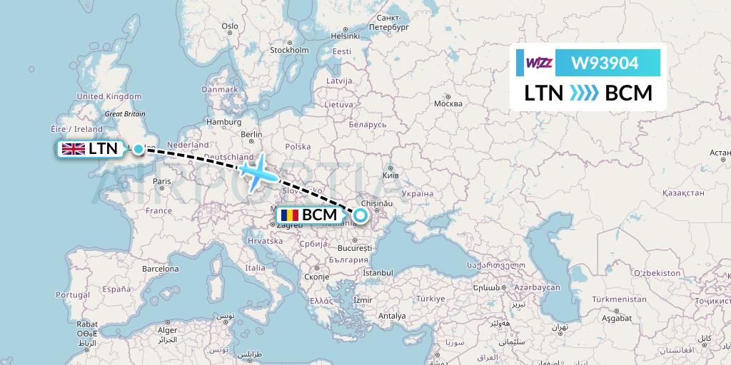 W93904 Wizz Air UK Flight Map: London to Bacau