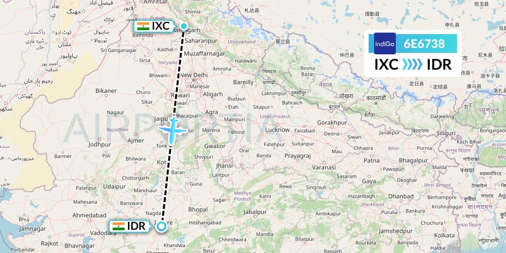 6E6738 IndiGo Airlines Flight Map: Chandigarh to Indore