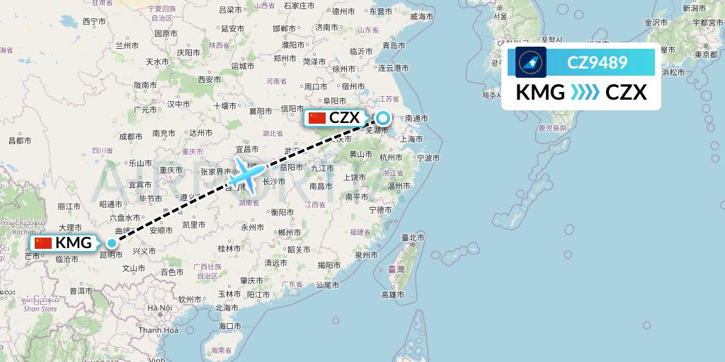 CZ9489 China Southern Airlines Flight Map: Kunming to Changzhou
