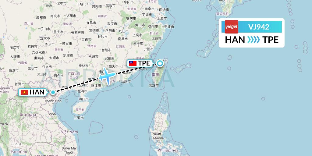 VJ942 VietJet Air Flight Map: Hanoi to Taipei