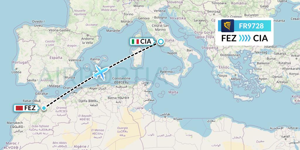 FR9728 Ryanair Flight Map: Fes to Rome