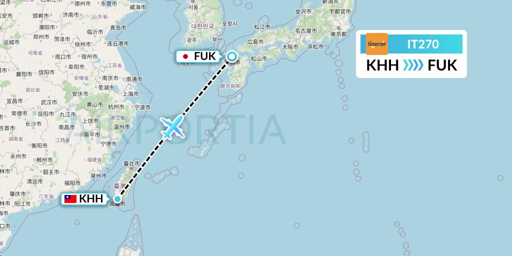 IT270 Tigerair Taiwan Flight Map: Kaohsiung to Fukuoka
