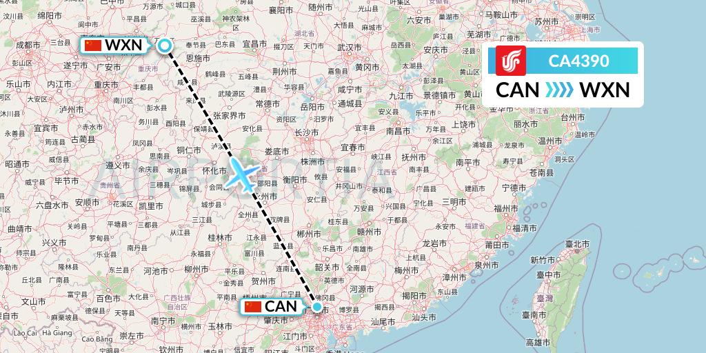 CA4390 Air China Flight Map: Guangzhou to Wanzhou