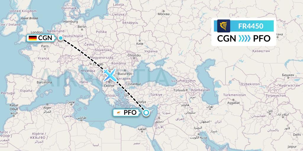 FR4450 Ryanair Flight Map: Cologne to Pafos