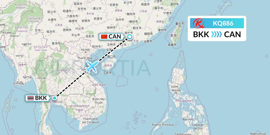 KQ886 Kenya Airways Flight Map: Bangkok to Guangzhou