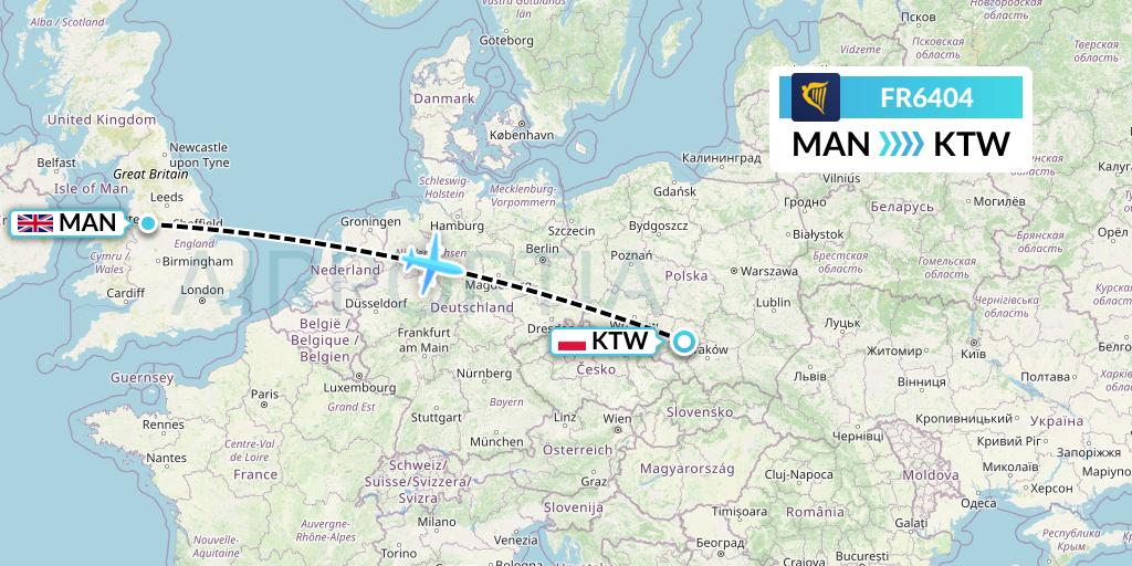 FR6404 Ryanair Flight Map: Manchester to Katowice