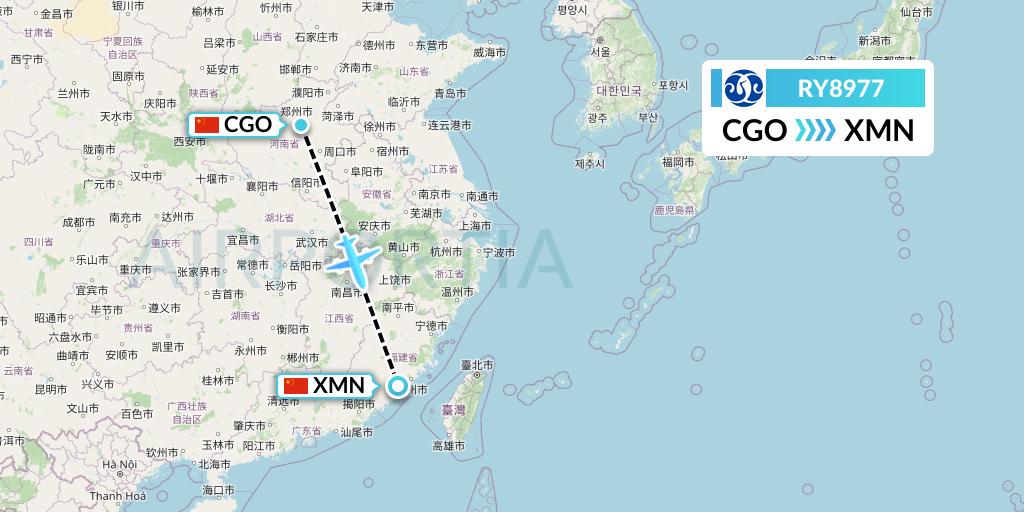 RY8977 Jiangxi Air Flight Map: Zhengzhou to Xiamen