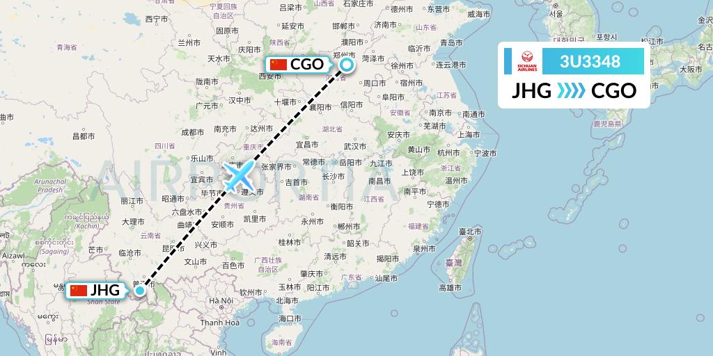 3U3348 Sichuan Airlines Flight Map: Jinghong to Zhengzhou