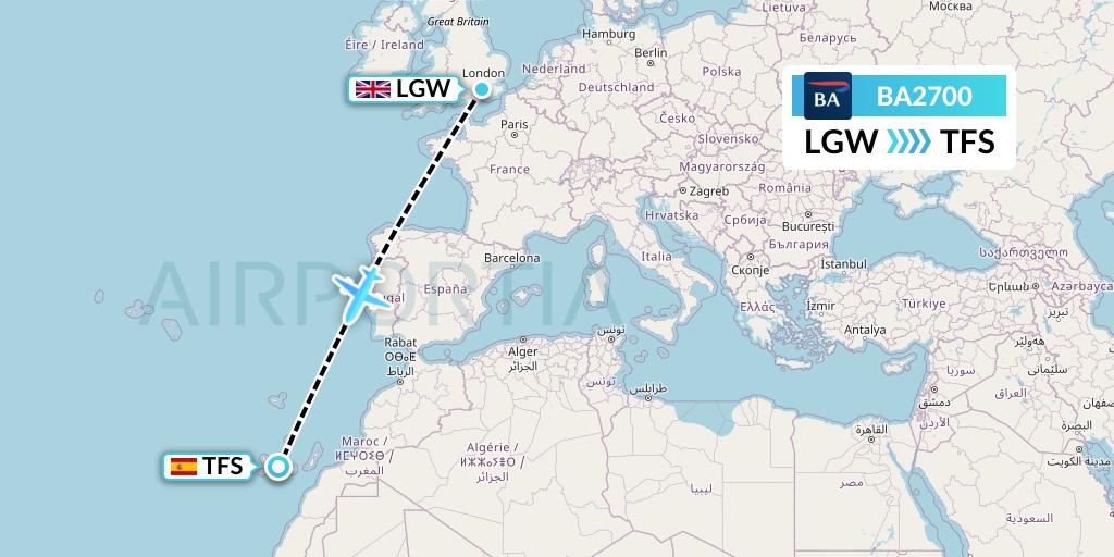 BA2700 British Airways Flight Map: London to Tenerife