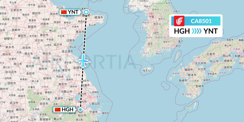 CA8501 Air China Flight Map: Hangzhou to Yantai