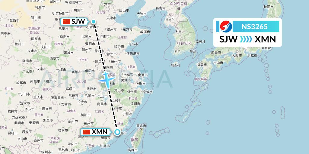 NS3265 Hebei Airlines Flight Map: Shijiazhuang to Xiamen