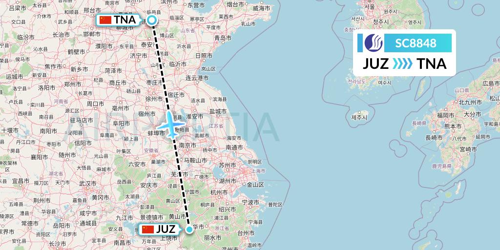 SC8848 Shandong Airlines Flight Map: Quzhou to Jinan