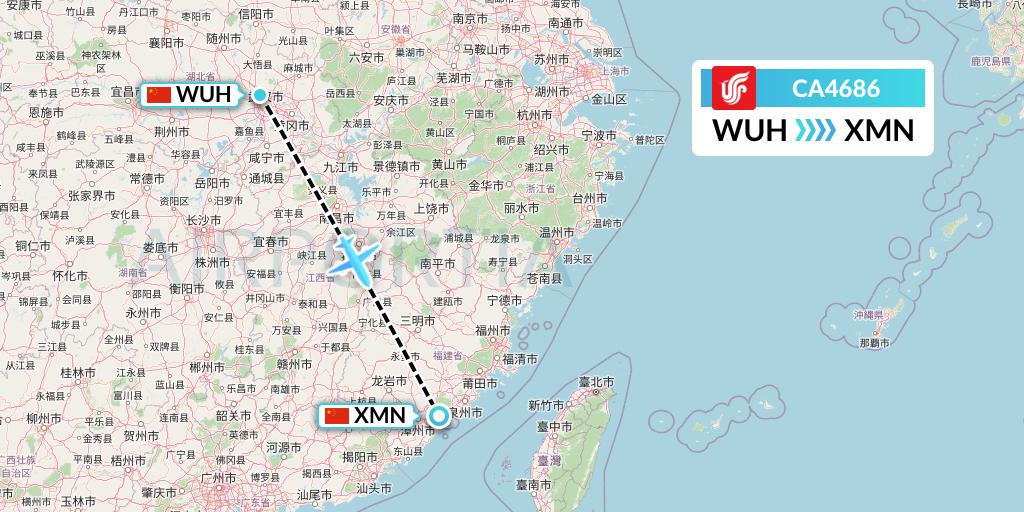 CA4686 Air China Flight Map: Wuhan to Xiamen