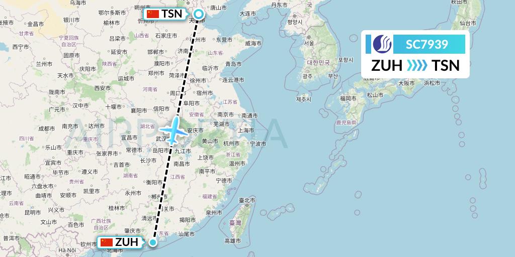 SC7939 Shandong Airlines Flight Map: Zhuhai to Tianjin