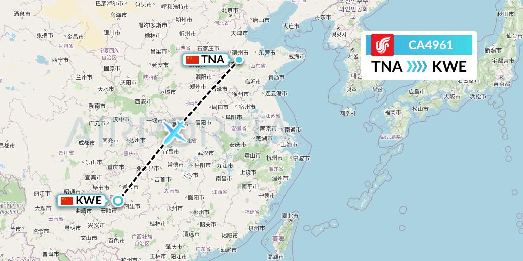 CA4961 Air China Flight Map: Jinan to Guiyang