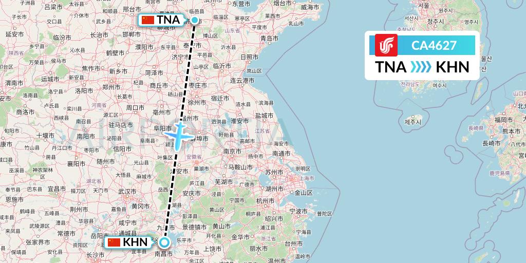 CA4627 Air China Flight Map: Jinan to Nanchang