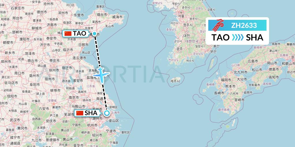 ZH2633 Shenzhen Airlines Flight Map: Qingdao to Shanghai