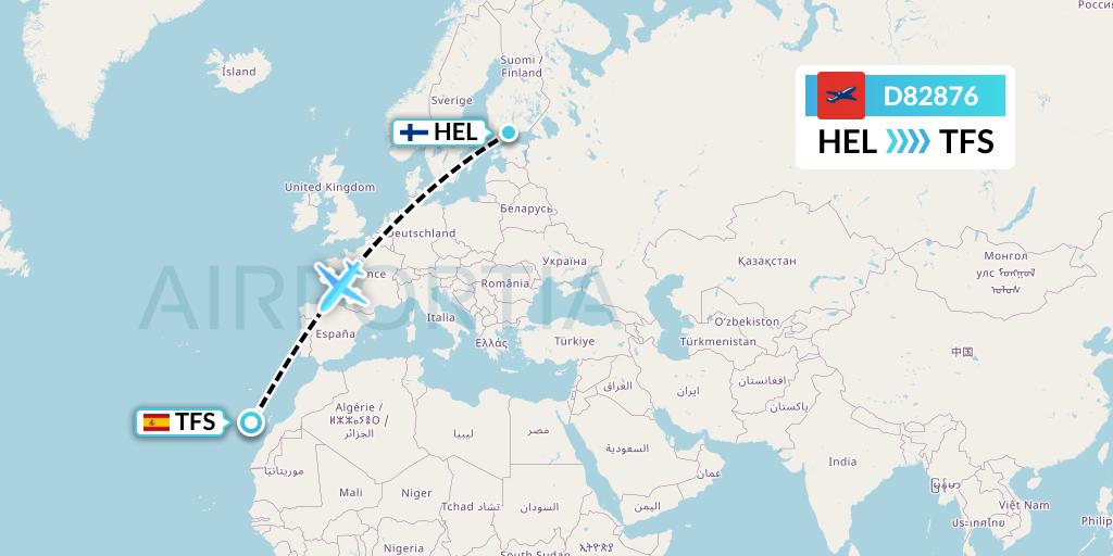 D82876 Norwegian Air International Flight Map: Helsinki to Tenerife