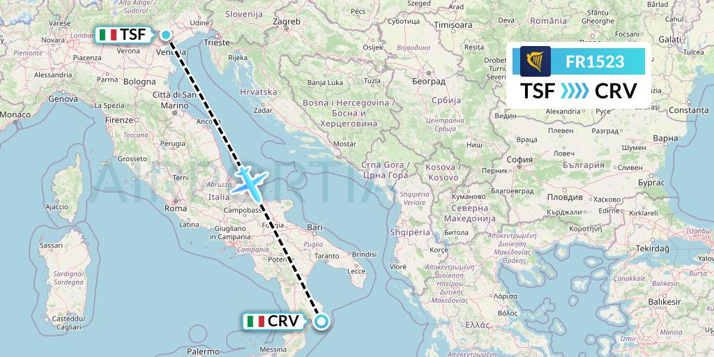 FR1523 Ryanair Flight Map: Treviso to Crotone