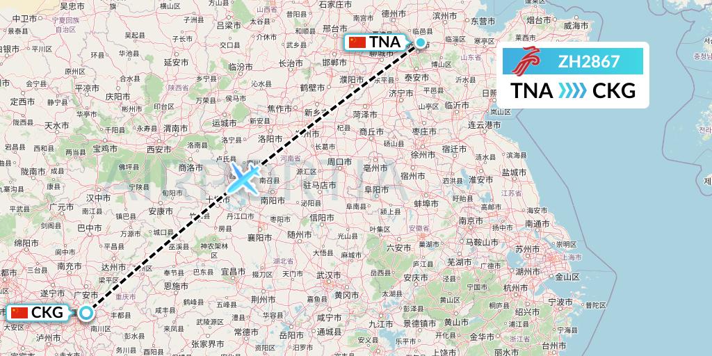 ZH2867 Shenzhen Airlines Flight Map: Jinan to Chongqing