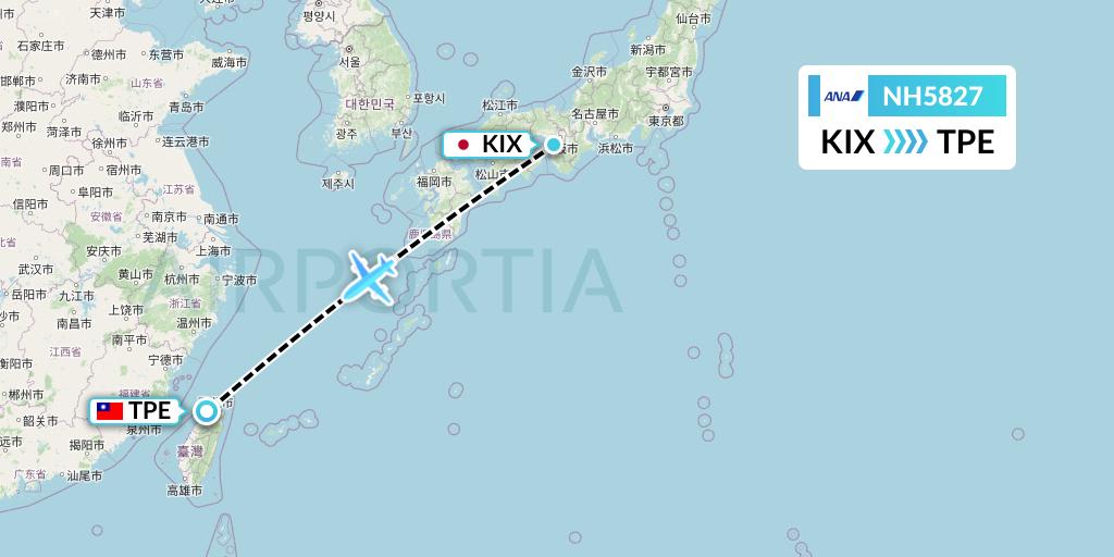 NH5827 All Nippon Airways Flight Map: Osaka to Taipei
