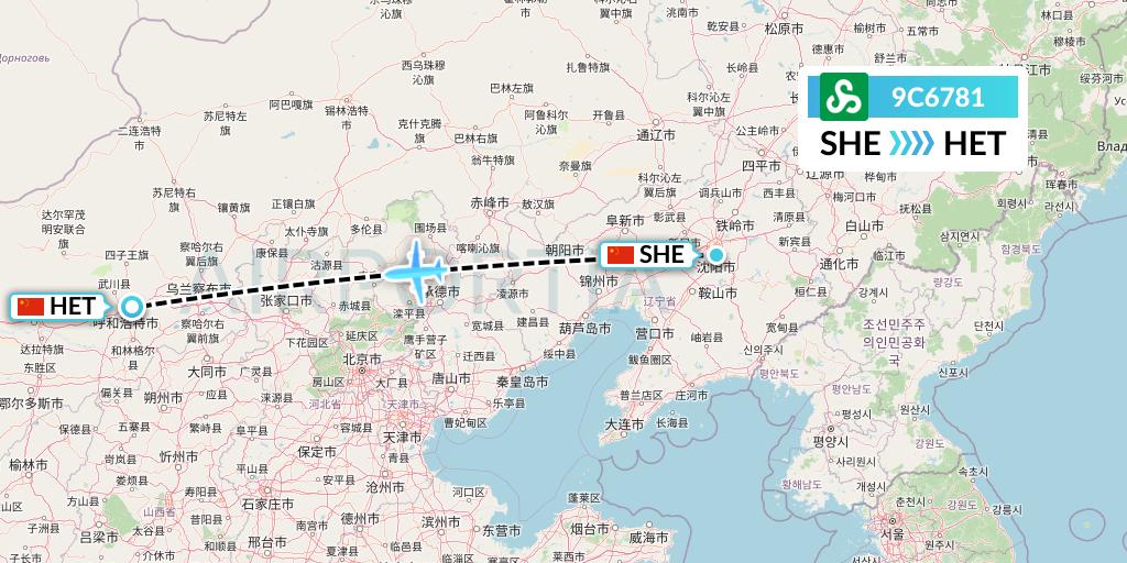 9C6781 Spring Airlines Flight Map: Shenyang to Hohhot