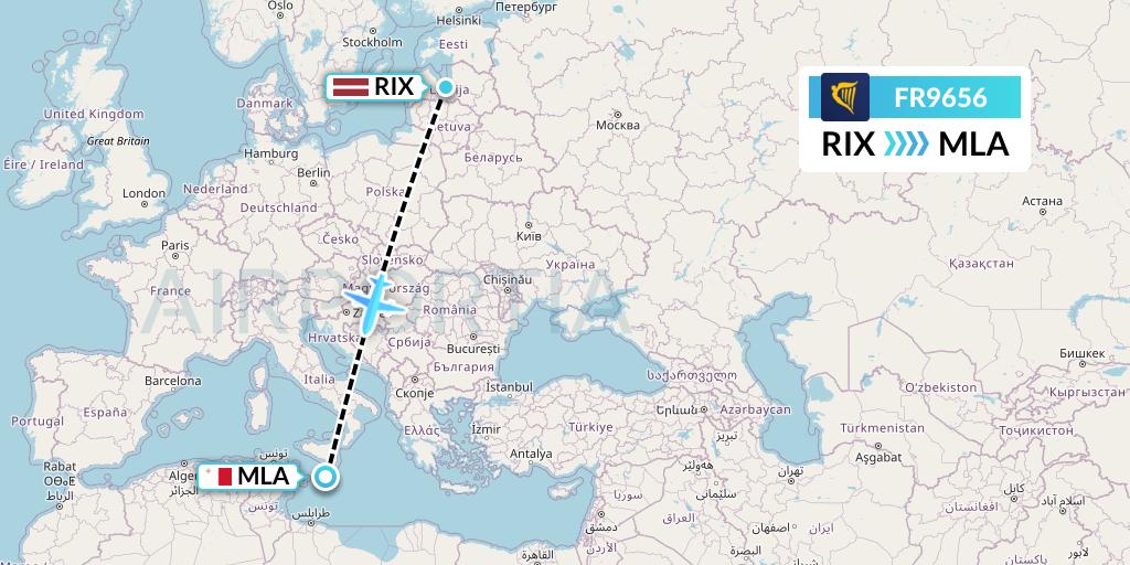 FR9656 Ryanair Flight Map: Riga to Malta
