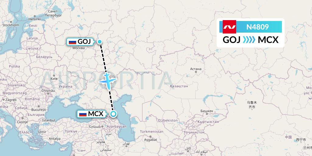 N4809 Nordwind Airlines Flight Map: Nizhny Novgorod to Makhachkala