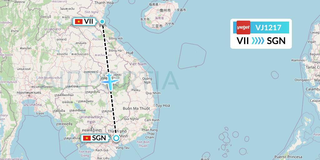 VJ1217 VietJet Air Flight Map: Vinh to Ho Chi Minh City