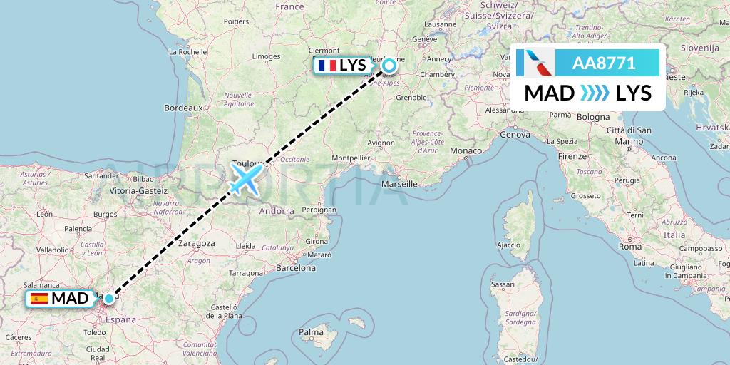 AA8771 American Airlines Flight Map: Madrid to Lyon