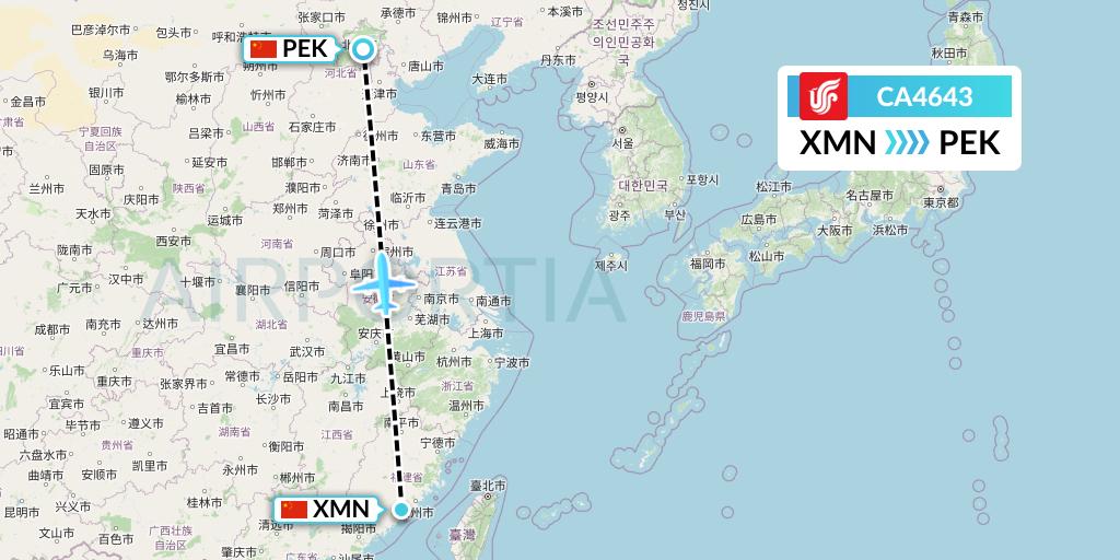CA4643 Air China Flight Map: Xiamen to Beijing