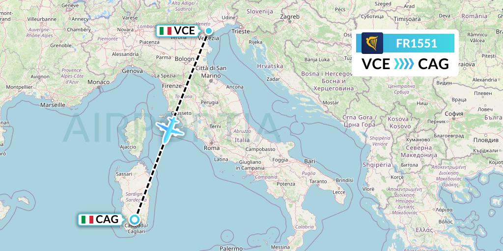 FR1551 Ryanair Flight Map: Venice to Cagliari