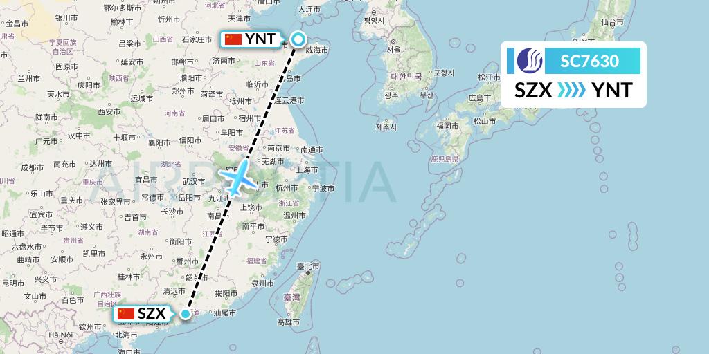 SC7630 Shandong Airlines Flight Map: Shenzhen to Yantai