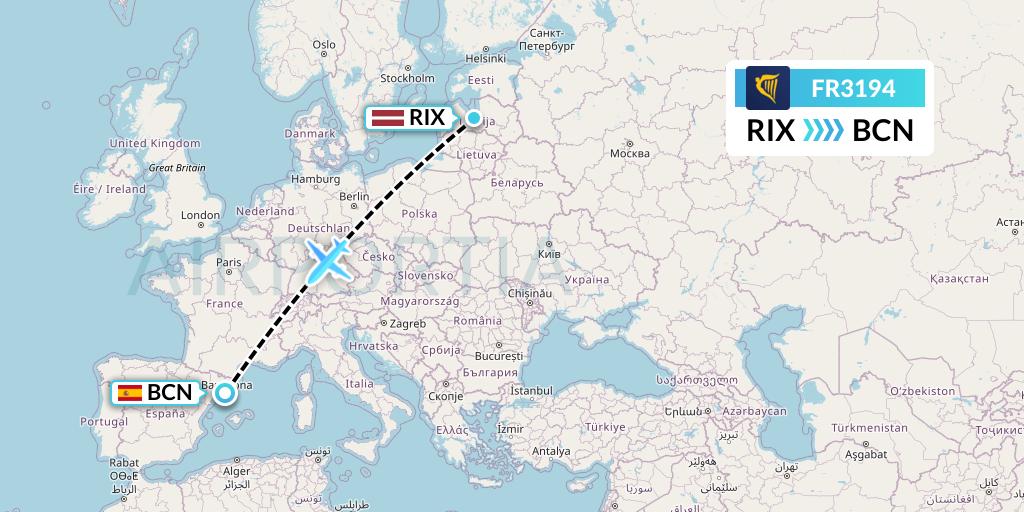 FR3194 Ryanair Flight Map: Riga to Barcelona