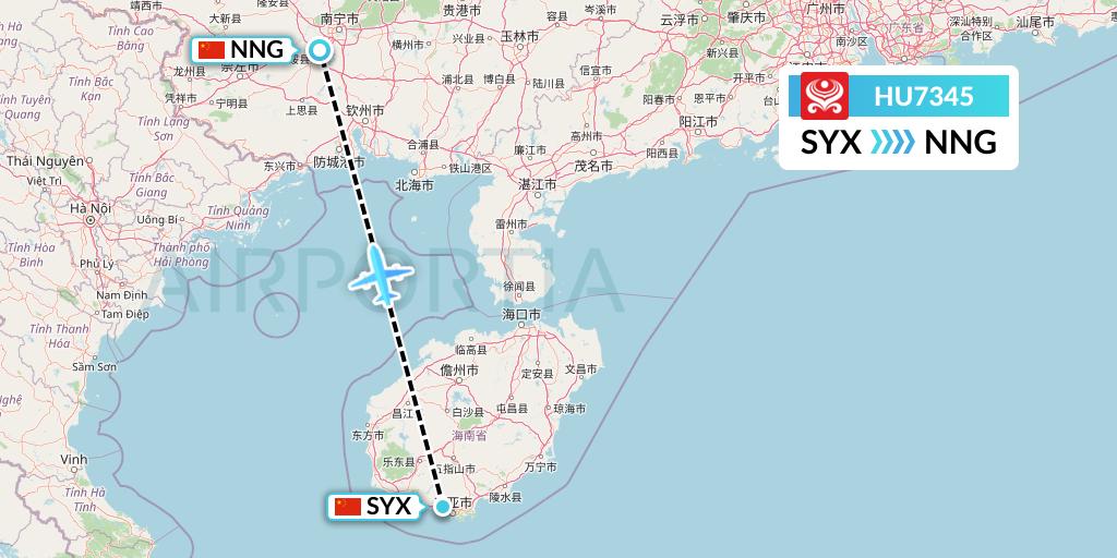 HU7345 Hainan Airlines Flight Map: Sanya to Nanning