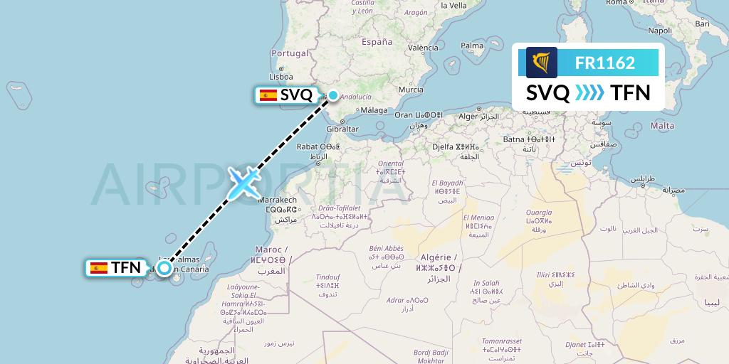 FR1162 Ryanair Flight Map: Seville to Tenerife